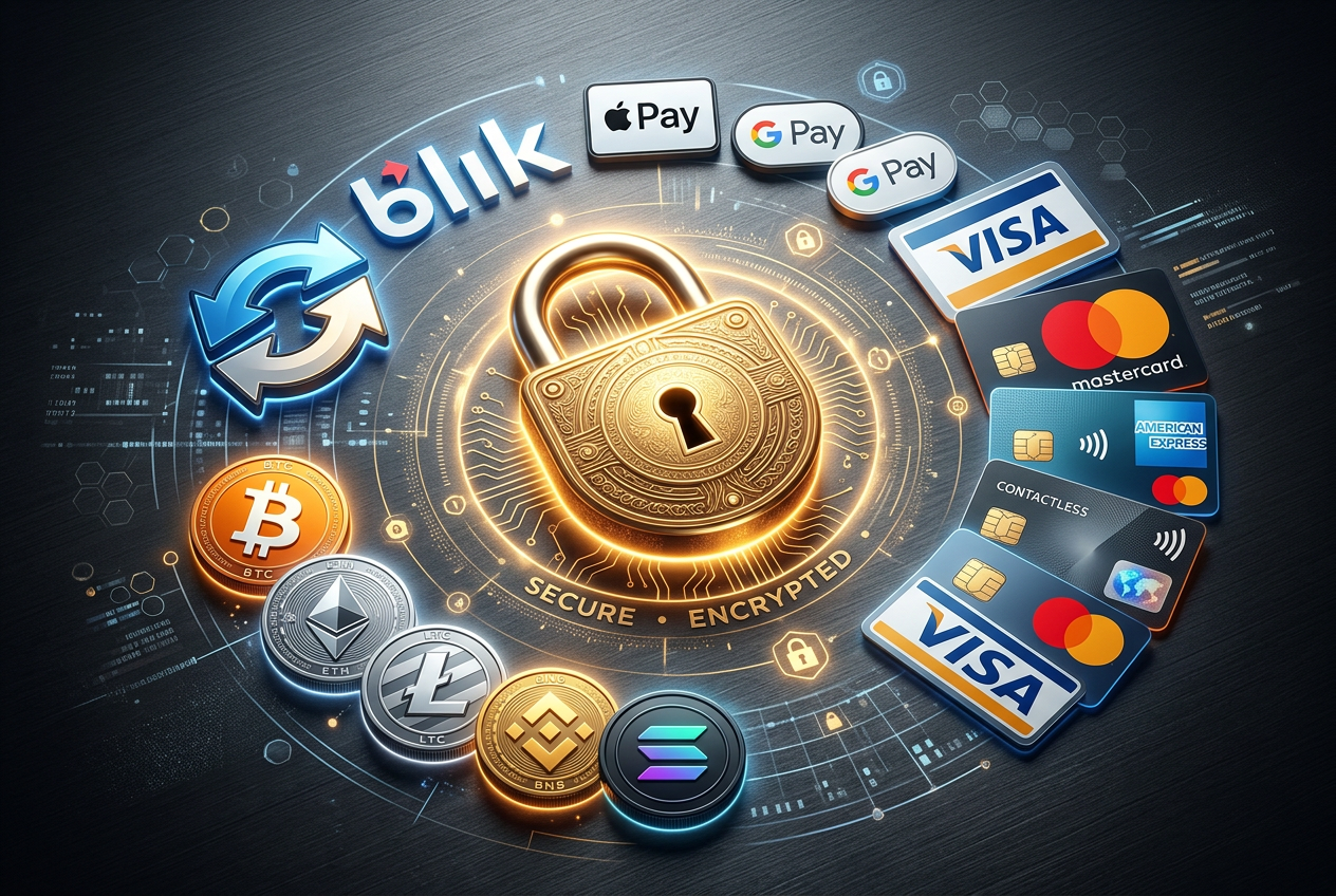 Secure digital payment methods illustration featuring krypto, BLIK and e-wallets icons with a golden lock