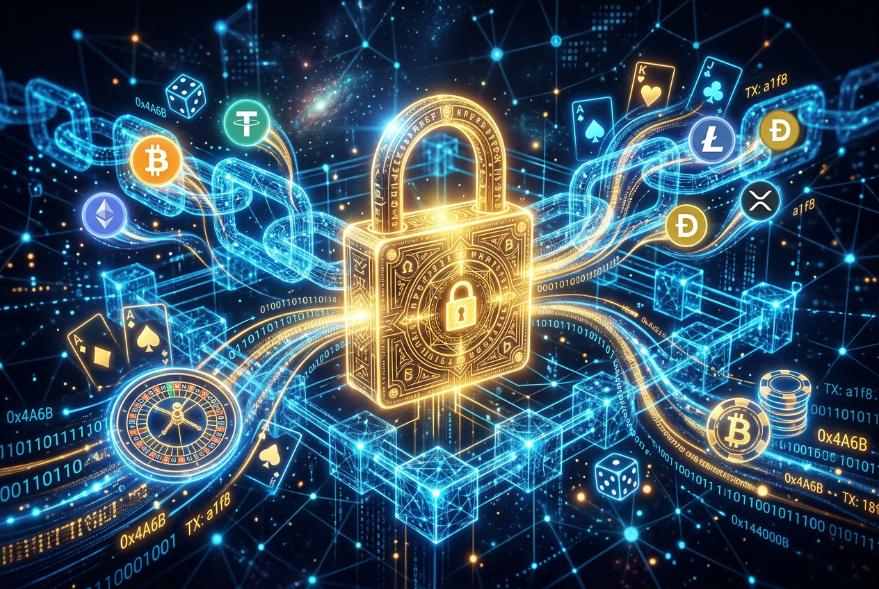 Digital key and shield on blockchain background representing secure cryptocurrency transactions