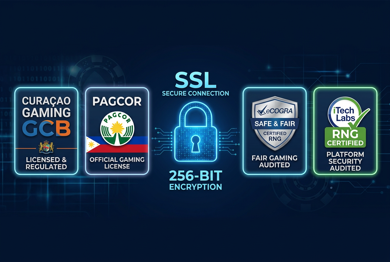 Grafika przedstawiająca certyfikaty bezpieczeństwa i logotypy licencji hazardowych Curaçao i PAGCOR