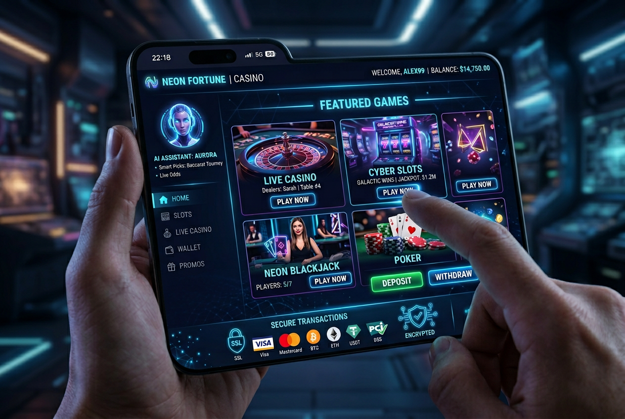 Modern smartphone displaying Progressive Web App casino interface with futuristic security features
