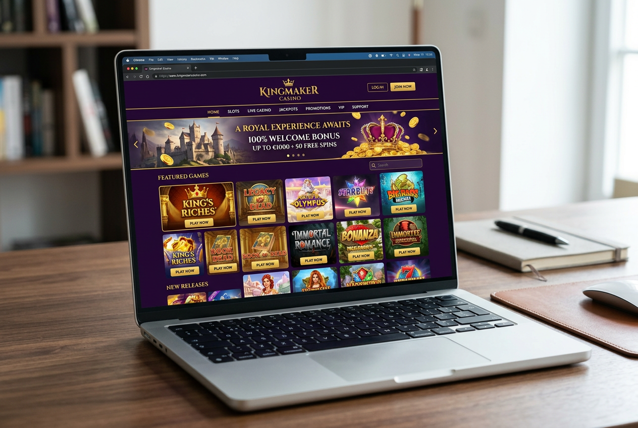 Interfejs Kingmaker Kasyno na laptopie w eleganckiej purpurowo-złotej kolorystyce z logo korony