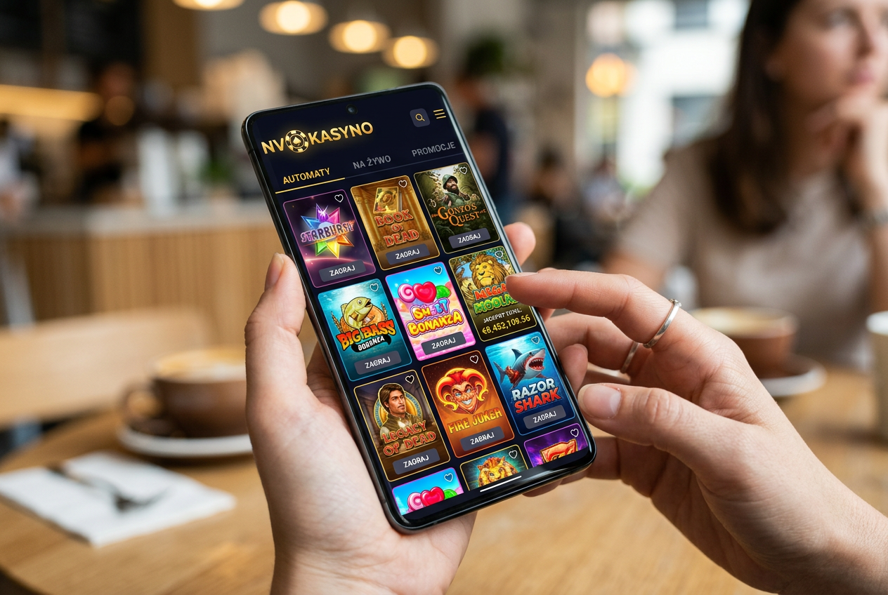 Smartfon z otwartą aplikacją NV Kasyno prezentujący różnorodne gry typu slot i crash w wysokiej jakości graficznej