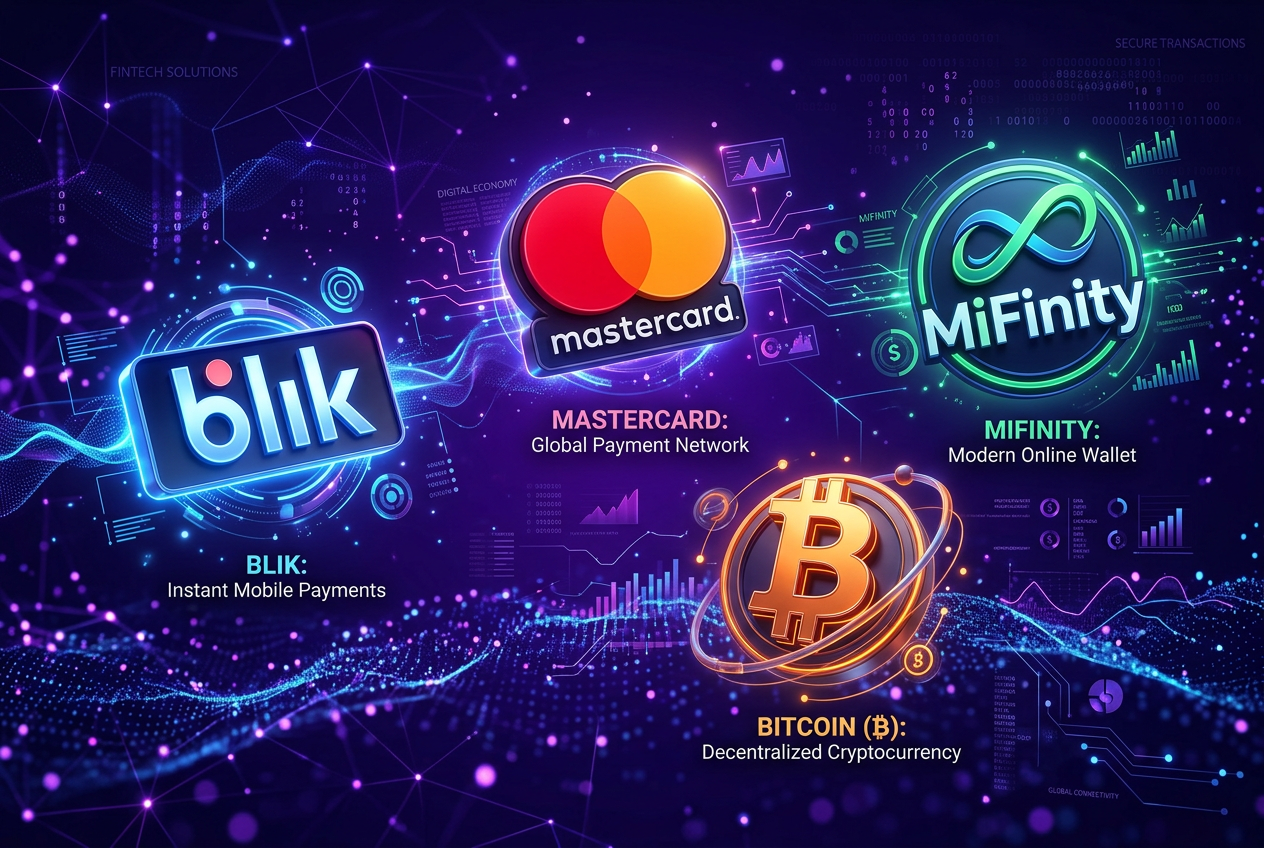 Infografika metod płatności dostępnych dla graczy w Spinight Kasyno, w tym BLIK, karty płatnicze i kryptowaluty
