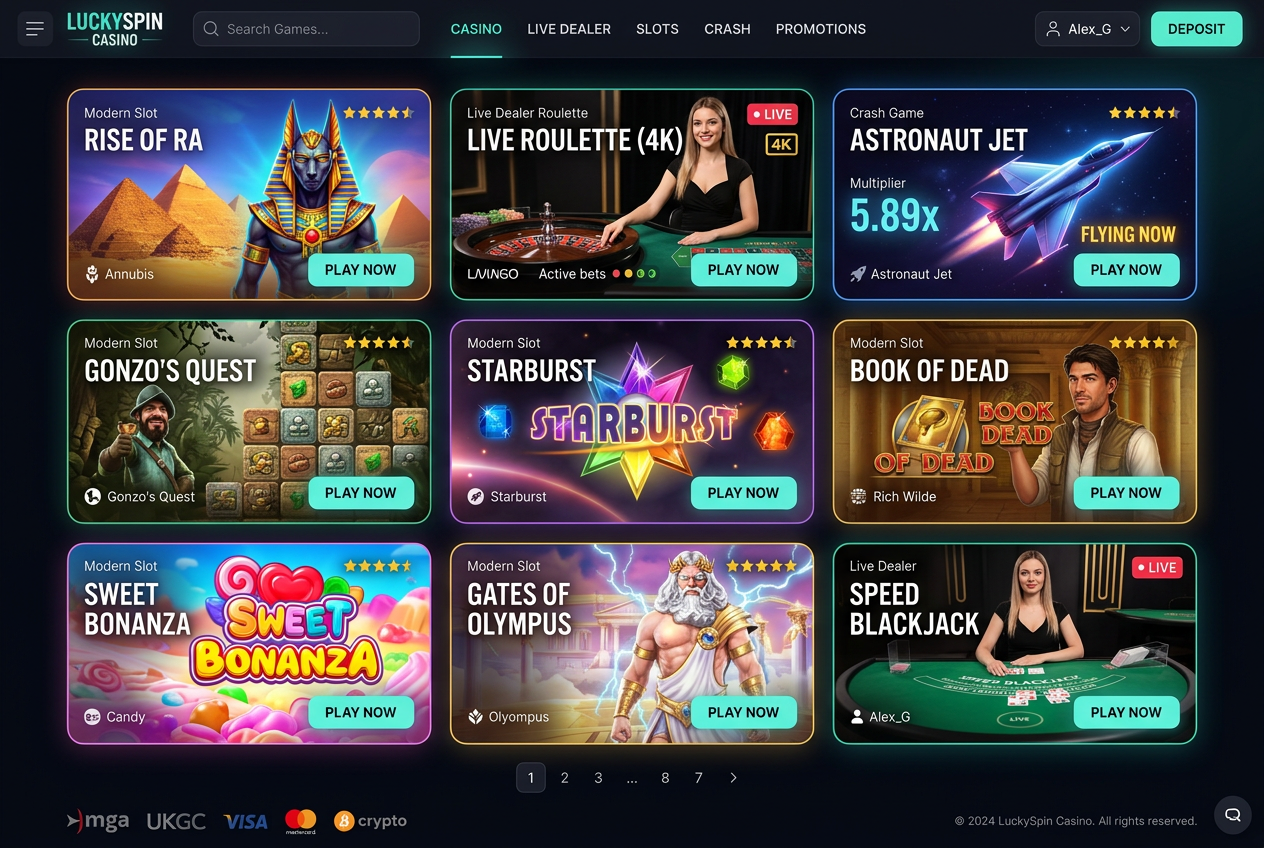 Selection of casino games including slots, live casino and crash games at Spinline Kasyno