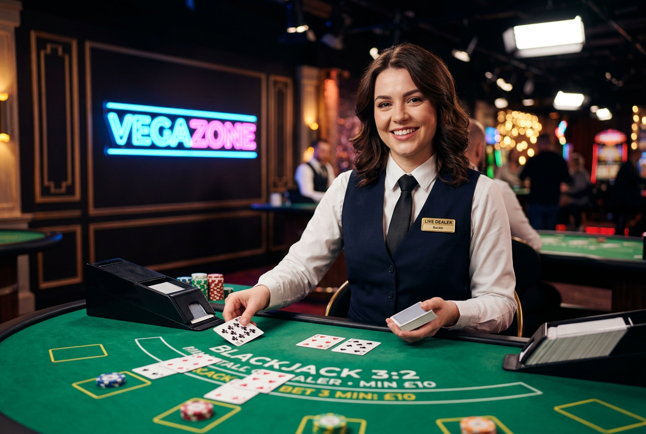 Profesjonalny krupier przy stole do blackjacka w kasynie na żywo Vegazone